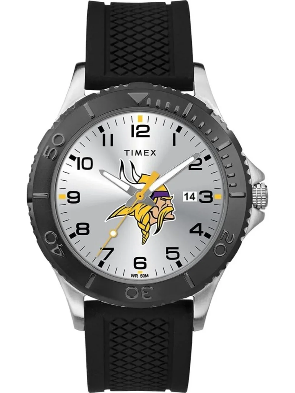 Men's Silver Black Rubber Band Analog NFL Gamer Minnesota Vikings Luminant Watch